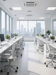 Modern office space with long desks, white chairs, and large windows overlooking a city skyline