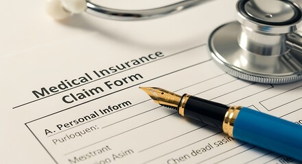Medical insurance claim form with pen and stethoscope on the table
