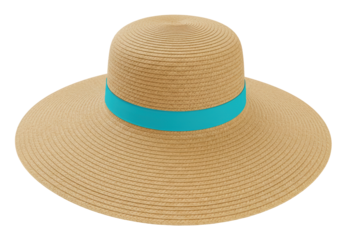 Isolated straw sun hat with blue ribbon, elegant for summer vacation, stylish accessory