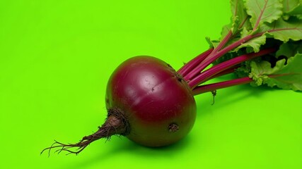 Dynamic beetroot pan out on vivid neon green background creates a modern and striking visual perfect for vibrant food and health campaigns