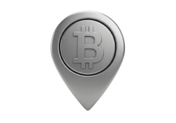 Isolated Metallic Bitcoin Currency on Map Pin, Internet Location of Digital Cryptocurrency
