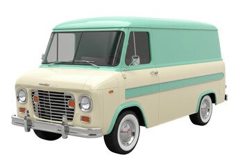 Isolated classic van in beige and light green stands at an angle, clean, unbranded