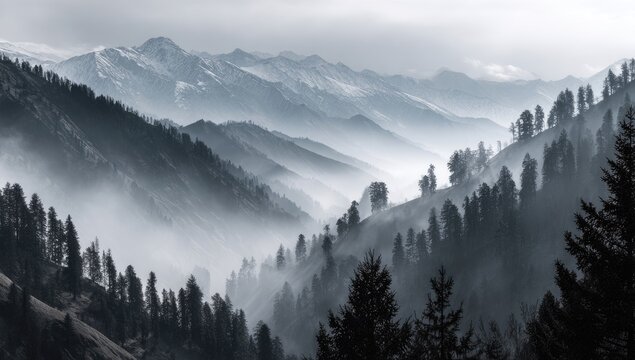 Misty, mountainous landscape; rolling hills blanketed in fog, dark evergreen trees clinging to slopes, snow-capped peaks in the distance under a muted sky - Powered by Adobe