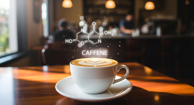 Cangkir kopi yang menyegarkan dengan grafik molekul kafein, sempurna untuk menambah energi di pagi hari.