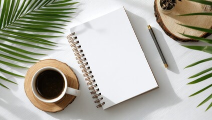 Flatlay of a blank spiral notebook, coffee, pen, palm leaves, and small potted plant on a white surface, bathed in sunlight