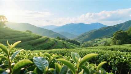 Rolling tea plantations on terraced hills under a bright sky with distant mountains