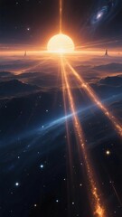 Sunrise over a cosmic landscape with glowing rays and distant stars