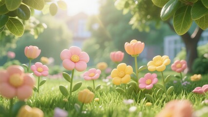 A vibrant garden scene with colorful flowers blooming in a sunlit meadow surrounded by green foliage and trees.
