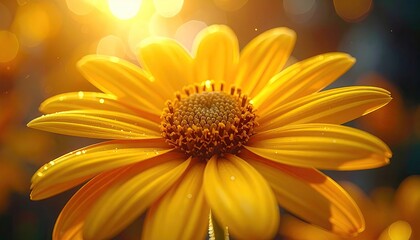 Radiant Yellow Daisy with Bokeh Background in Warm Cinematic Lighting, Macro Shot Detailing Petals and Central Disk, Focus on Delicate Floral Texture
