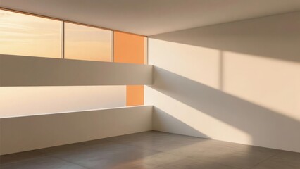 Minimalist interior space with natural light streaming through horizontal windows, casting shadows on white walls and floor.
