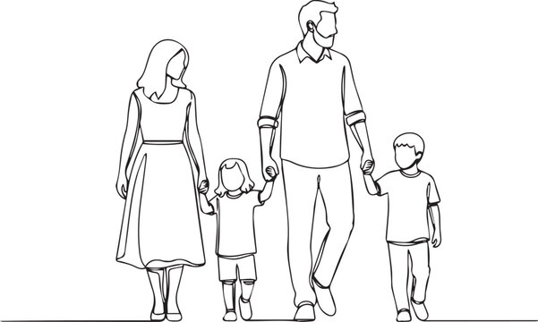 Create continuous single line drawing of mother and father with two children walking hand in hand, family line art vector illustration on white Background.