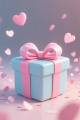 A light blue gift box with a pink ribbon and bow, surrounded by floating hearts and confetti on a soft pastel background.