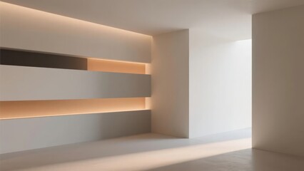 Minimalist interior with recessed shelving and ambient lighting
