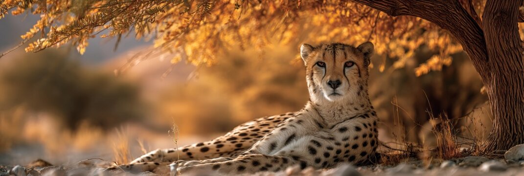 A spotted cheetah rests peacefully under a golden-hued tree. - Powered by Adobe