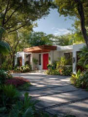 Fototapeta premium Modern, single-story white house with a red door, nestled amongst lush tropical greenery and a paved driveway, bathed in sunlight