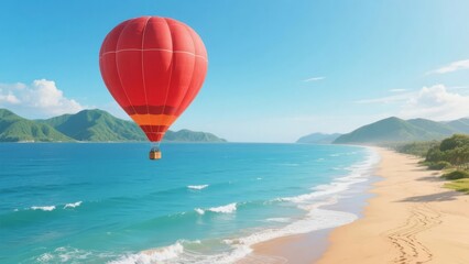 Red hot air balloon floating over a tropical beach with clear blue water and mountains in the background
