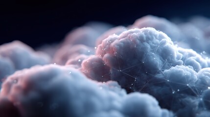 cloud technology illustration, digital clouds filled with data streams, network connections, futuristic IT concept