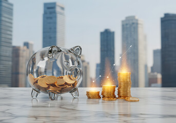 Financial growth and savings concept with piggy bank stacks of coins and city skyline background emphasizing wealth investment banking and economic development