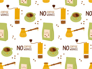 Seamless coffee pattern with cezve, grinder, lettering. Vector illustration for packaging, textile, branding