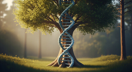 DNA helix entwined with ancient tree symbolizes life's genetic blueprint