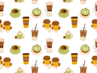 Seamless coffee pattern with different coffee cups. Vector illustration for packaging, textile, wallpaper design