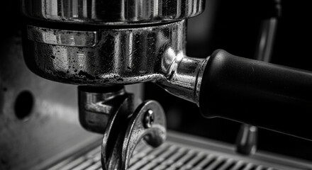 Close-up of espresso machine portafilter and group head.