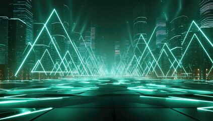 Futuristic cityscape at night, illuminated by vibrant teal neon triangles forming a pathway through towering skyscrapers, glowing ground