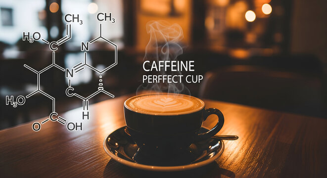 Steaming latte art coffee cup meets caffeine molecule, perfect morning boost