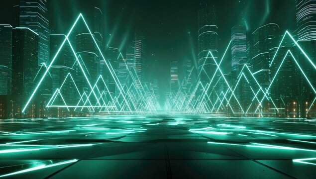 Futuristic cityscape at night, illuminated by vibrant teal neon triangles forming a pathway through towering skyscrapers, glowing ground - Powered by Adobe