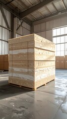A tall stack of wooden pallets and boxes in a warehouse, ready for industrial transportation and shipping