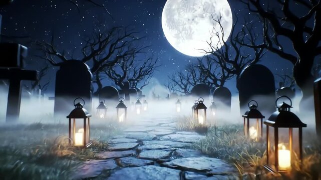 Spooky graveyard pathway at night