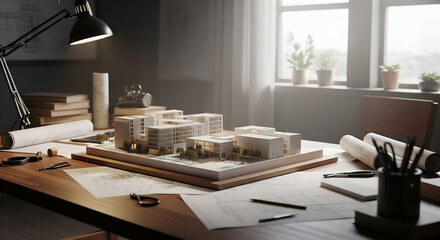Architectural model on desk with blueprints, planning urban development concept