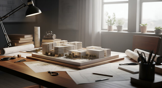 Architectural model on desk with blueprints, planning urban development concept