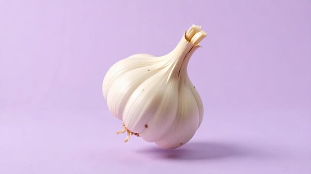 Watch fresh garlic rotate rapidly against a soft lavender backdrop in stunning 4K video footage perfect for culinary projects and food marketing campaigns