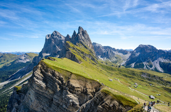 Hiking to famous Seceda peak in Dolomites Alps, South Tyrol (Alto Adige),
