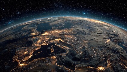 Nighttime view of Earth, showcasing Europe's illuminated cities and coastlines against a backdrop of space's dark expanse and starlit sky.  The curvature of the planet is clearly visible