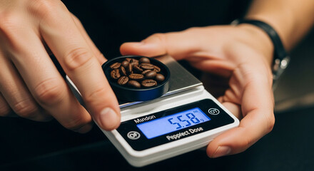 A person carefully weighs whole roasted coffee beans on a small digital scale before brewing.