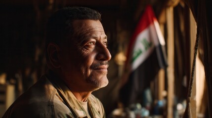 Obraz premium Contemplative Middle Eastern man in profile with Iraqi flag in background, warm dramatic lighting creates powerful portrait of dignity and national pride