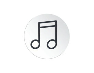 A simple, outlined music note icon in a white circle