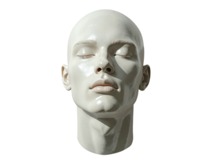 A smooth, pale head, eyes closed, serene expression