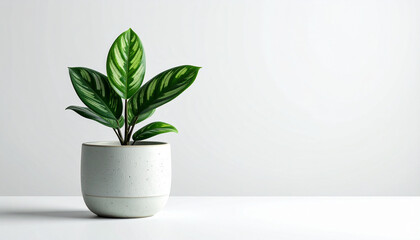 Minimalist Potted Plant with Variegated Leaves on White Background