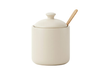 Isolated beige ceramic sugar bowl with a lid and a wooden spoon with no background