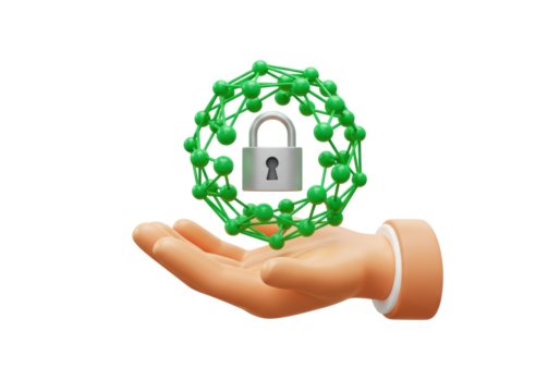 Isolated security concept with hand holding padlock inside a network or atom structure