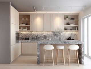 Fototapeta premium A modern kitchen design, featuring light wood cabinetry and a gray marble backsplash, exudes a tranquil and airy feel, highlighted by white bar stools.