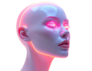Digital female head, glowing neon, futuristic