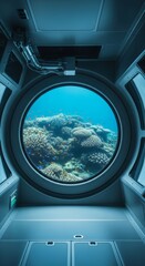 reef views through submarine window in ocean depths