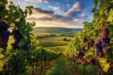 Fototapeta premium Bountiful grape harvest in a lush green valley. Rows of grapevines heavy with fruit under a dramatic cloudy sky at dusk, symbolizing rich agriculture.