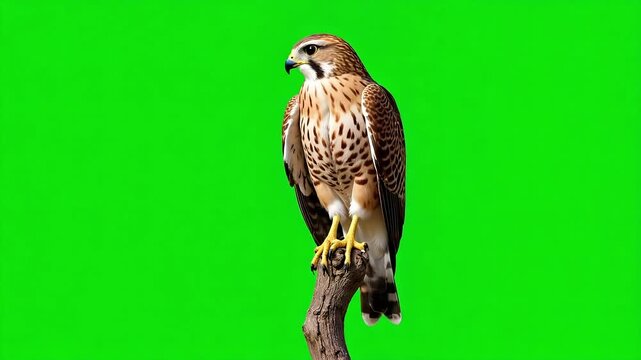 Majestic kestrel perched alertly on a branch, ready to take flight in nature's vibrant green, perfect for wildlife documentaries