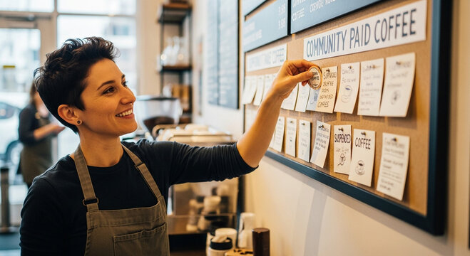 Woman selecting coffee from a community-paid coffee board in a cafe.