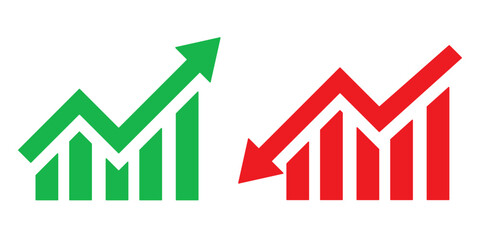 Graph going Up and Down sign with green and red arrows vector. Flat design vector illustration.